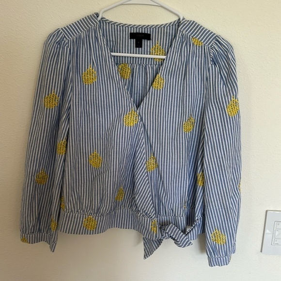 J.Crew Preppy Nautical Blue & White Striped Blouse with Yellow Detail — Size S - Picture 3 of 9